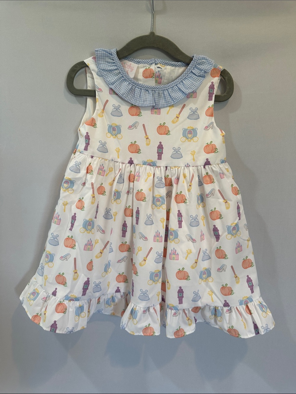 Girls White Storybook Print Dress with Blue Gingham Ruffle Collar